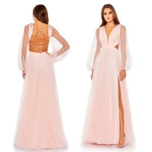 Mac Duggal NEW Tulle Sheer Long Sleeve‎ Cut Out Lace Up A-line Gown Blush Size 6